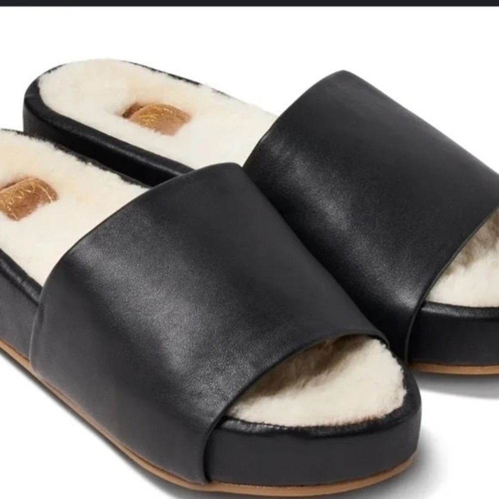 Beek Black Leather Pelican Shearling Footbed Slides Platform Sandals‎ Sz 9 NIB!